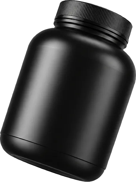 Matte black plastic jar with a ribbed screw-on lid, shown tilted against a dark background.