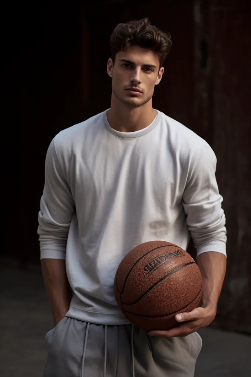 Young male athlete wearing a light gray long-sleeve shirt and gray sweatpants, holding a basketball against a dark background.