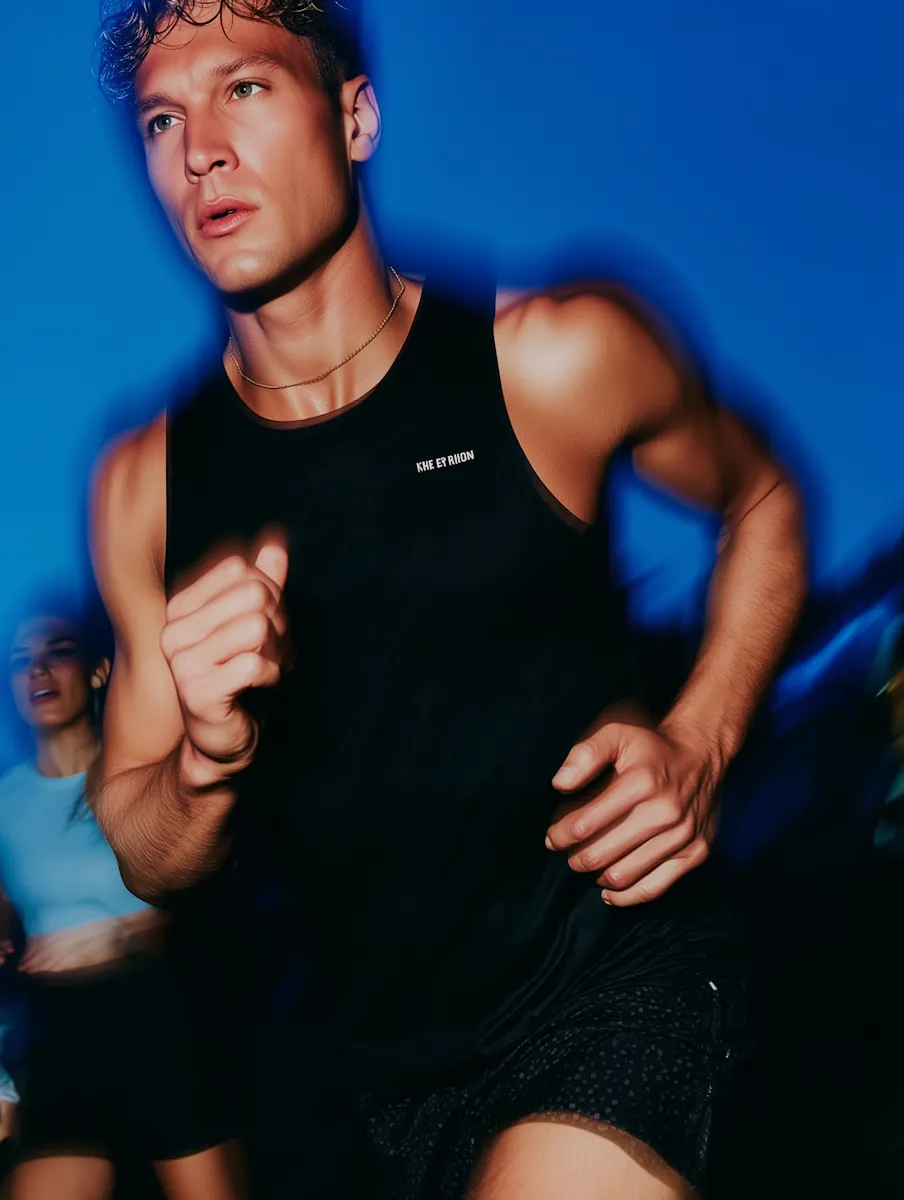 Close-up of a young athletic man running outdoors at night wearing a black sleeveless top and black shorts, with another runner blurred in the background.