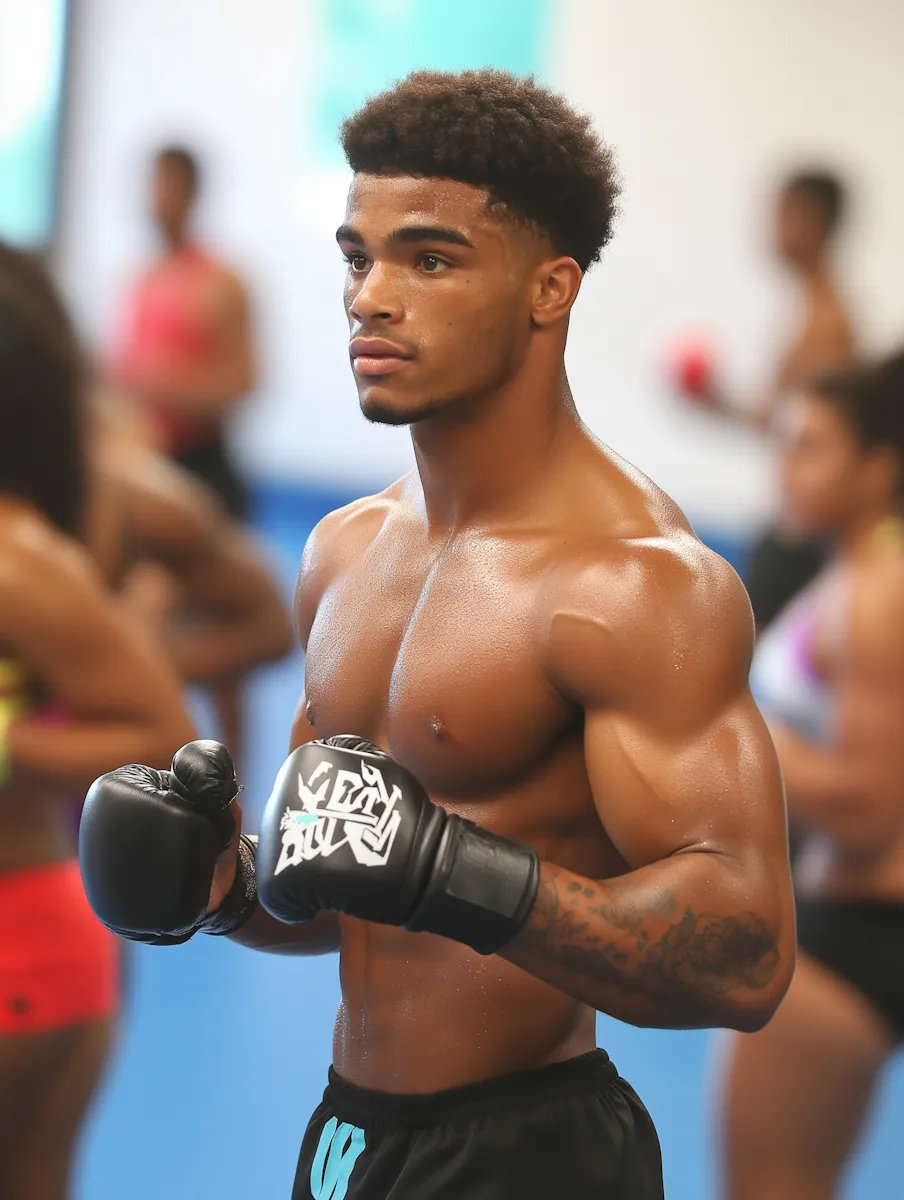 Muscular young man with boxing gloves in fighting stance in a gym, focused and shirtless with a tattoo on his left arm.