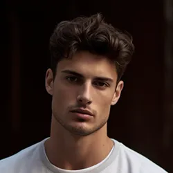 Portrait of a young man with short dark hair and a light stubble wearing a white shirt against a dark background.
