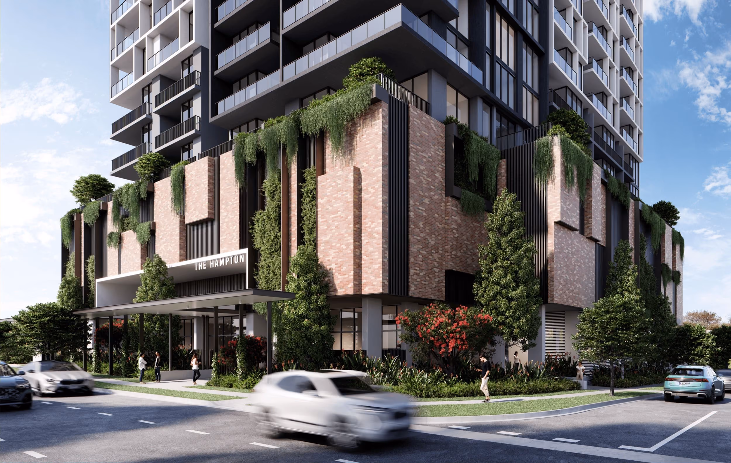 Concept render of a residential tower with a brick podium and hanging gardens on a Brisbane street corner