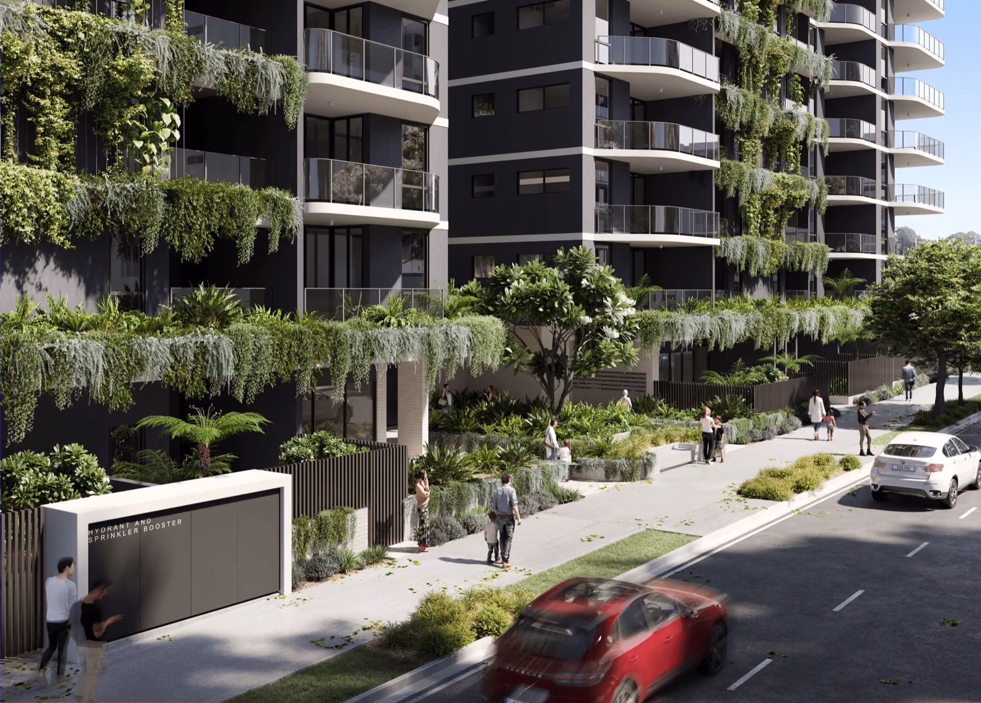 Render of the landscaped street entry to the approved Cleveland Street apartments, Stones Corner