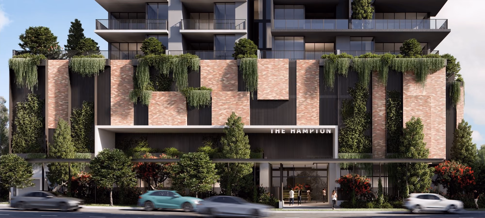 Concept render of a brick residential podium with planted balconies and street-level entry
