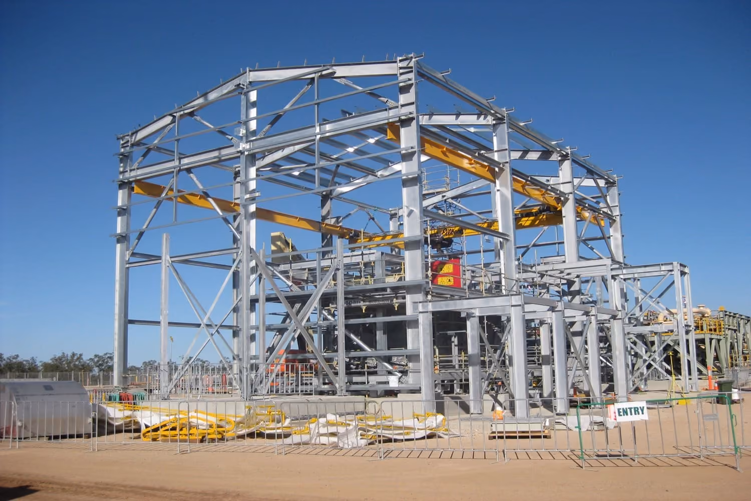 Structural steel frame of an industrial building under construction