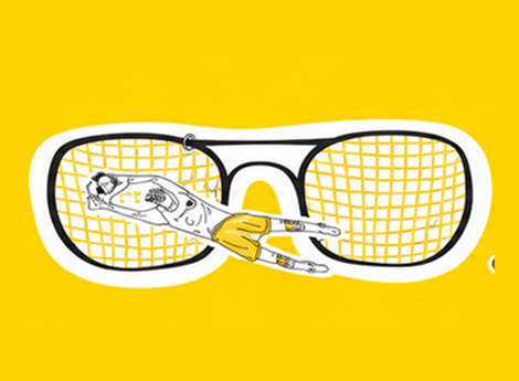 Illustration of a basketball player in white and yellow uniform diving horizontally as if saving a ball, positioned over the frame of large eyeglasses with yellow grid lenses on a bright yellow background.