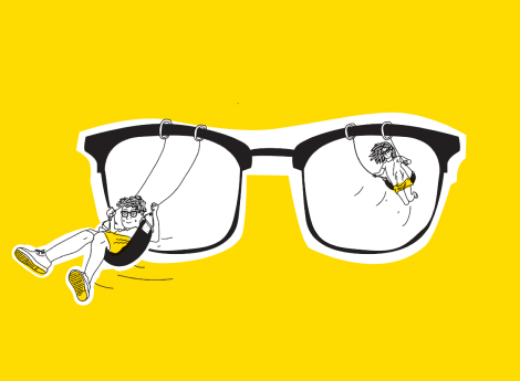 Illustration of two people swinging on swings attached to the lenses of a large pair of black-rimmed glasses against a solid yellow background.