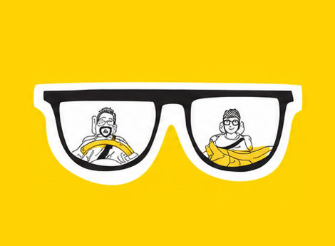 Illustration of a pair of black sunglasses with white frames on a yellow background; each lens contains a sketch of a person—a man with glasses and beard driving a car on the left lens, and a woman with glasses and a scarf on the right lens.