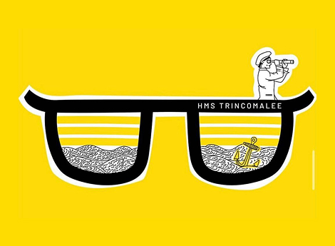 Illustration of black sunglasses with yellow and white ocean waves and an anchor inside each lens, a small sailor figure looking through a telescope stands on the right frame, and the text 'HMS TRINCOMALEE' is on the top bar of the sunglasses.