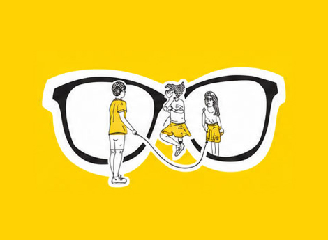 Illustration of three children playing jump rope inside the shape of eyeglass frames on a yellow background. One child is turning the rope, another is jumping, and the third is waiting, all wearing yellow clothing.
