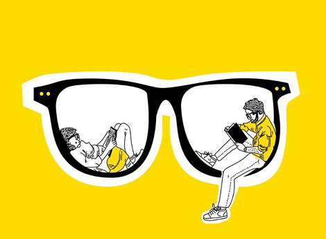 Illustration of two people reading inside and outside the lenses of oversized black sunglasses against a yellow background, one sitting inside the right lens and the other reclining inside the left lens.
