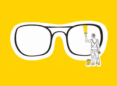Illustration of large black-rimmed eyeglasses on a yellow background with a small figure of a person in white robes painting a yellow stripe within the right lens with a paintbrush and paint can.