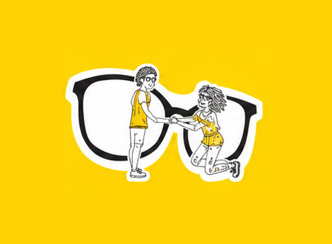 Illustration of a large pair of black-rimmed glasses on a yellow background, with a drawing of a standing man and a kneeling woman holding hands inside the glasses' lenses.