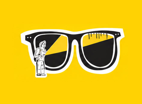 Black and white cartoon of a pair of sunglasses on a yellow background with a small standing person figure leaning on the left frame and a beam of light shining from the right lens.