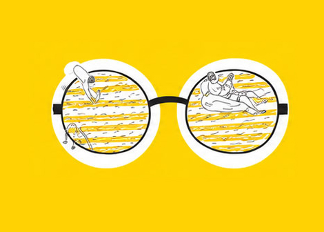 Illustration of round glasses with black frames against a yellow background; the left lens shows a person diving into water with a skateboard floating nearby, and the right lens shows a person lounging on an inflatable ring in the water.