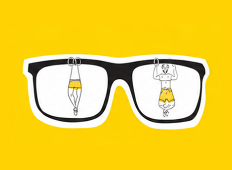 Illustration of a pair of black-rimmed glasses on a yellow background with two swimmers in yellow swim trunks depicted inside the lenses, one diving and the other floating on his back.