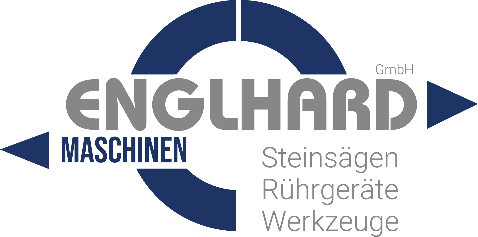 Logo der Firma Englhard Maschinen GmbH mit dunkelblauen und grauen Elementen, Pfeile links und rechts, und den Worten Steinsägen, Rührgeräte, Werkzeuge darunter.