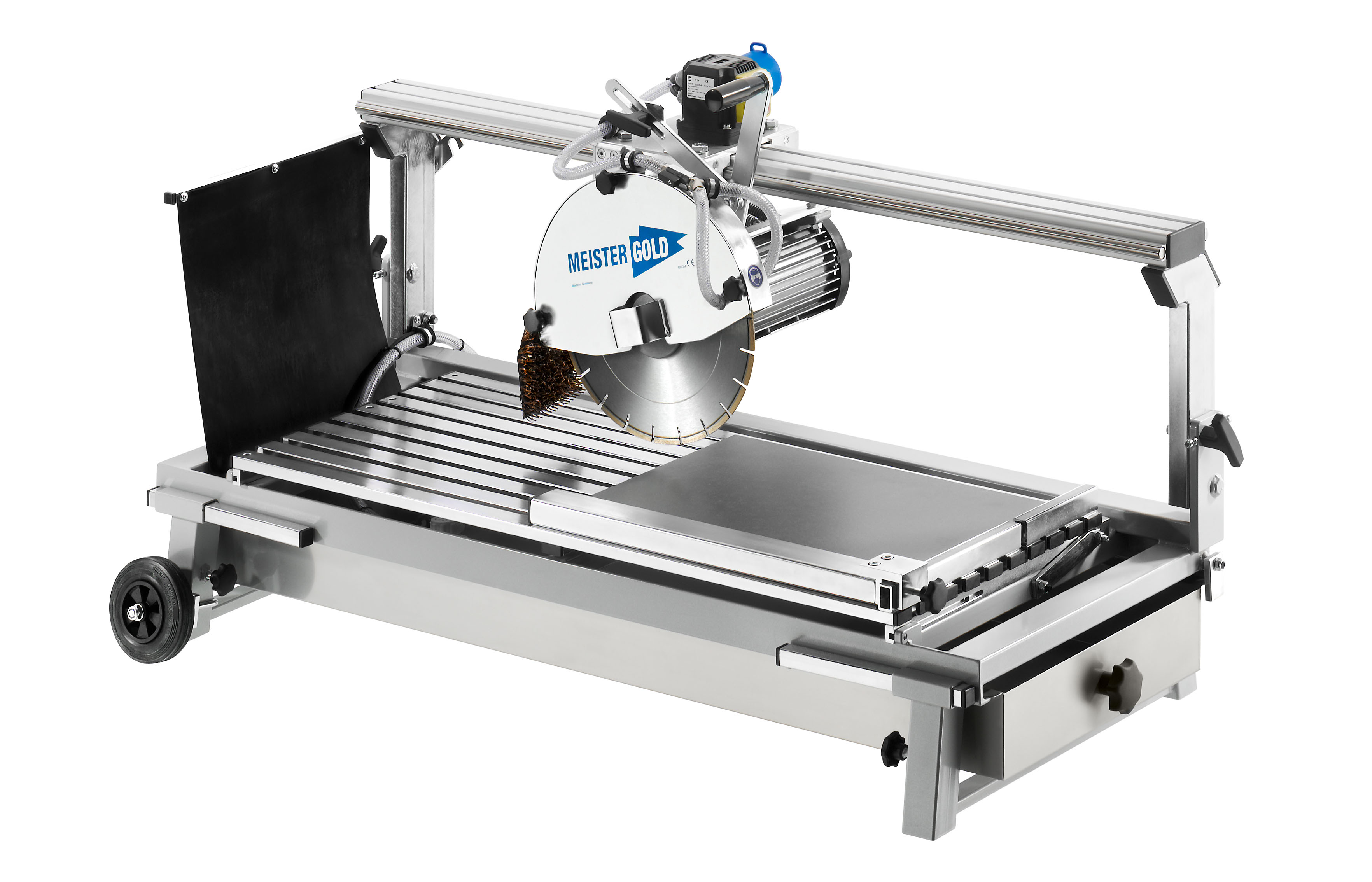 Professionelle Fliesenschneidemaschine aus Metall mit Sägenblatt und Rollen zur leichten Bewegung, beschriftet mit Meister Gold.