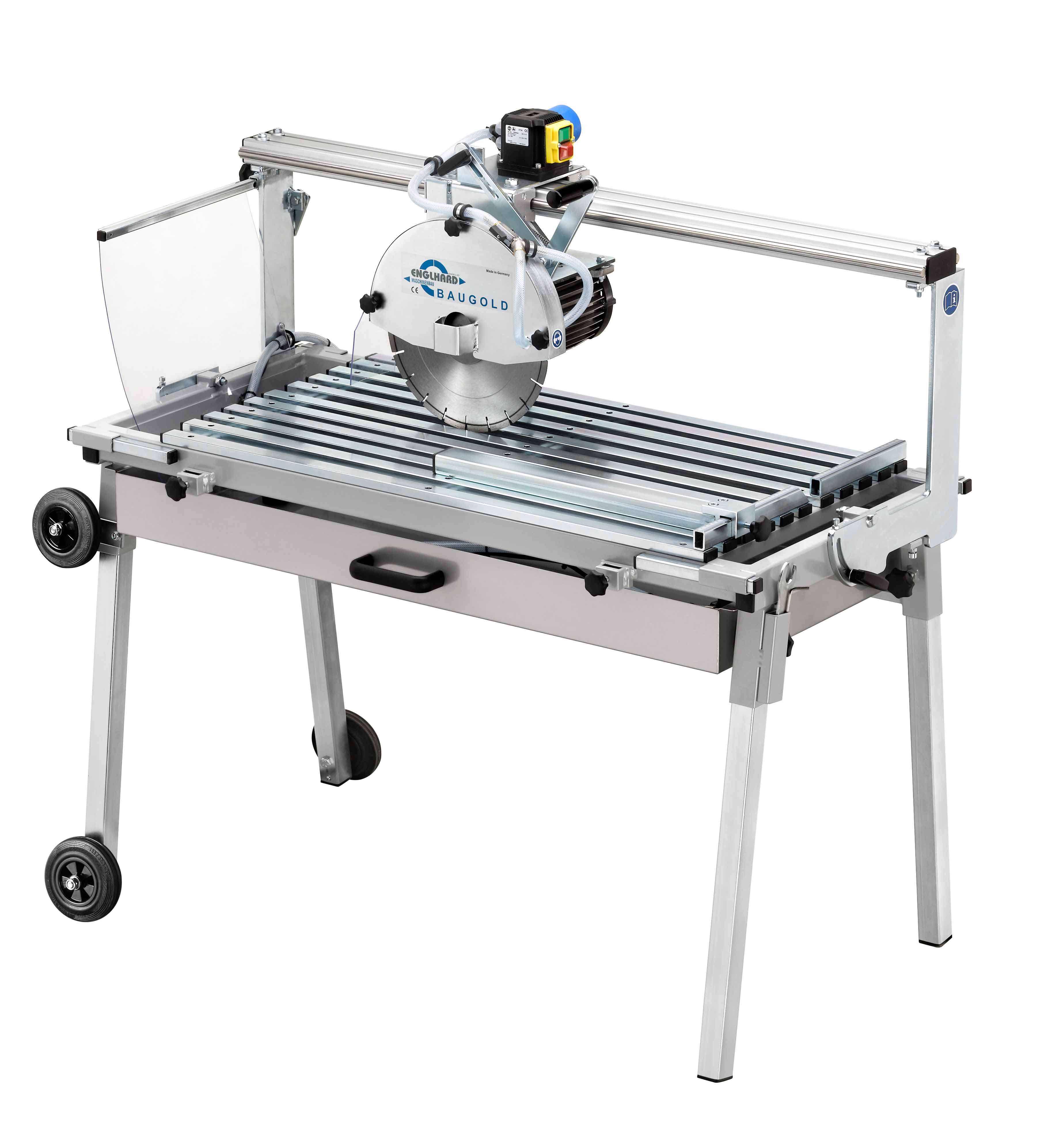 Trennschleifmaschine mit großem runden Sägeblatt, montiert auf einem Metallgestell mit Rollen an zwei Beinen und Schutzschild an der Seite.