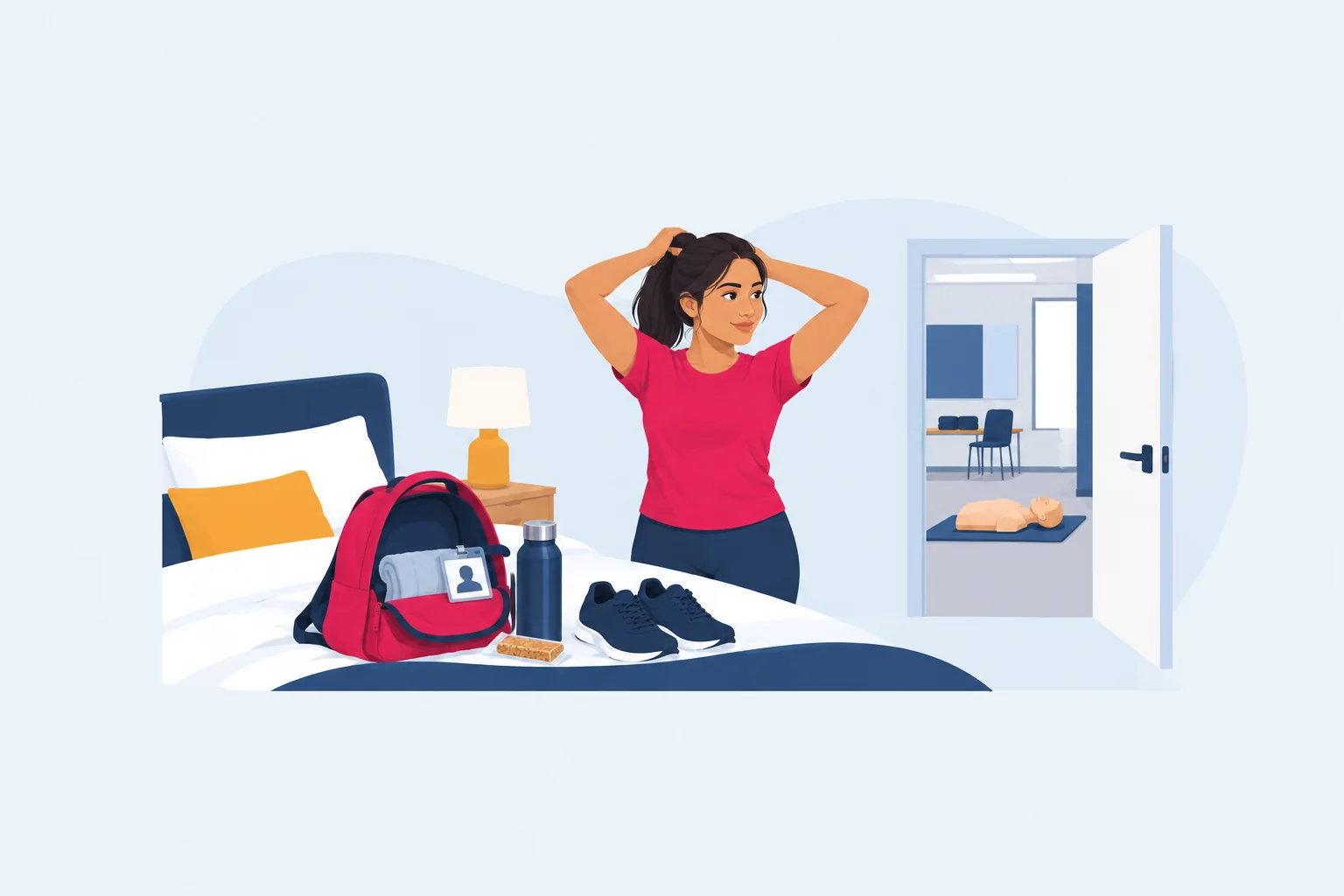 Illustration of a student packing ID, water and sneakers for a first aid practical class