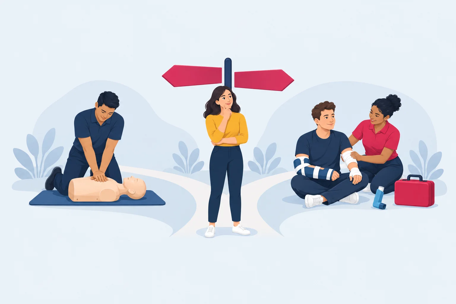 Person at a signpost choosing between CPR practice on a manikin and a first aid scene with a splint, puffer and kit