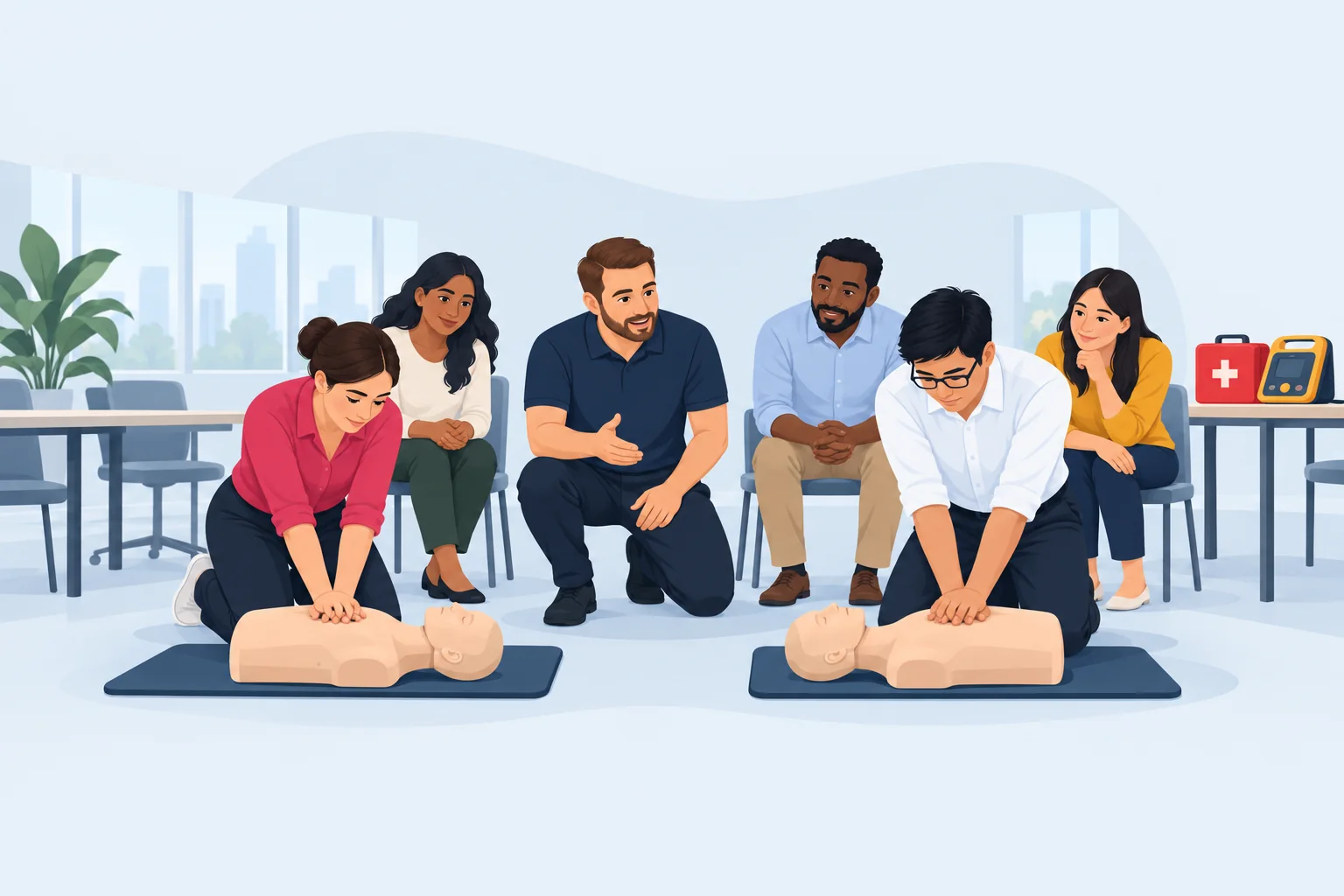 Trainer coaching a group of employees as they practise CPR on manikins on a meeting room floor