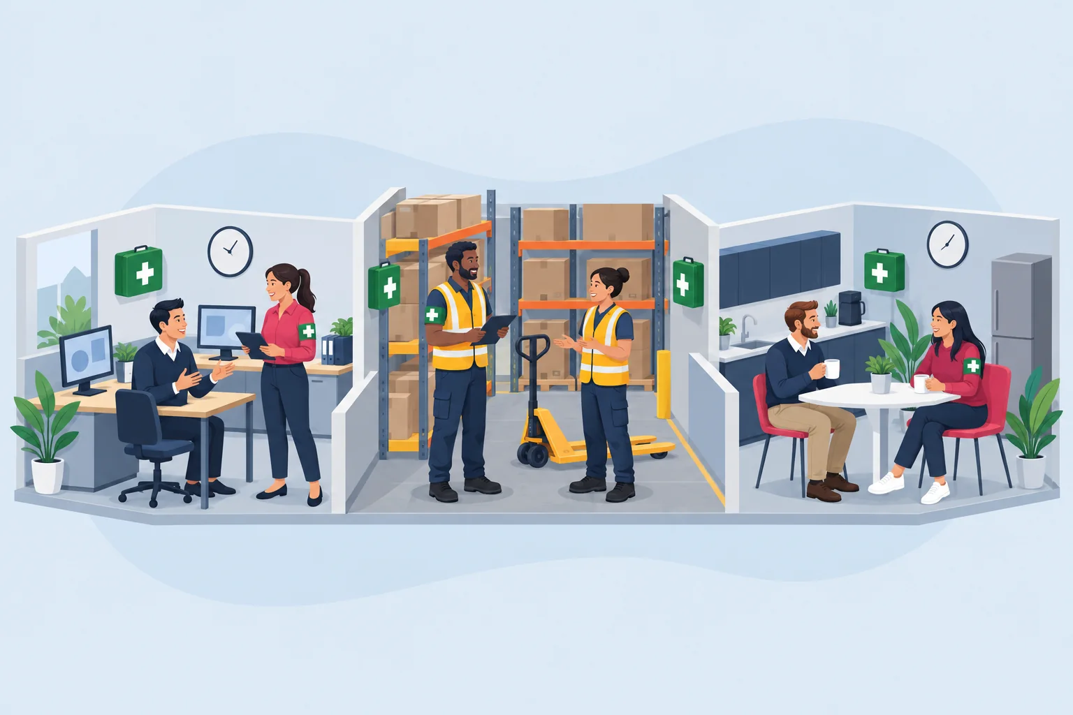 Office, warehouse and break room, each with a first aider in a green armband and a first aid kit on the wall