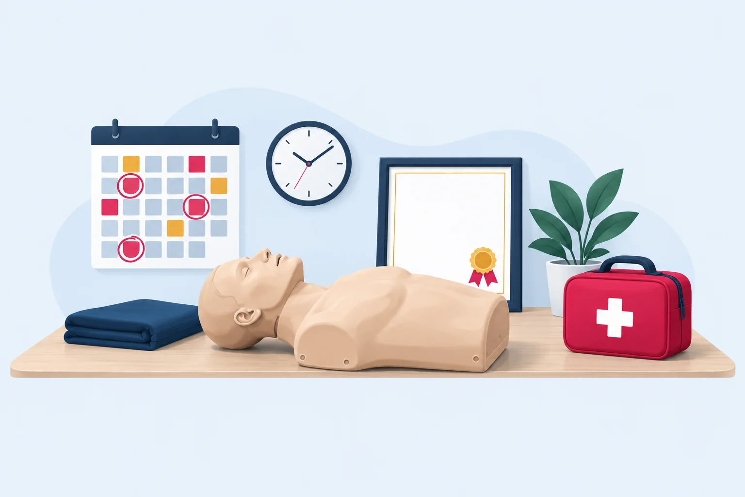 Desk with a CPR training manikin, first aid kit and framed certificate, below a calendar with three dates circled