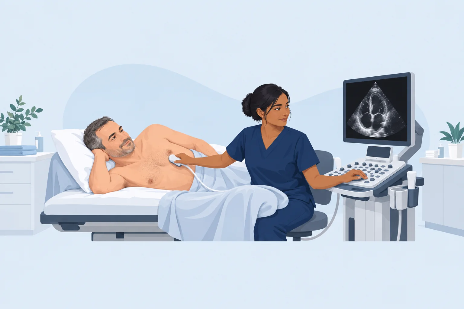 Cardiac sonographer in navy scrubs scanning a patient's chest, with an ultrasound image of the heart on the monitor