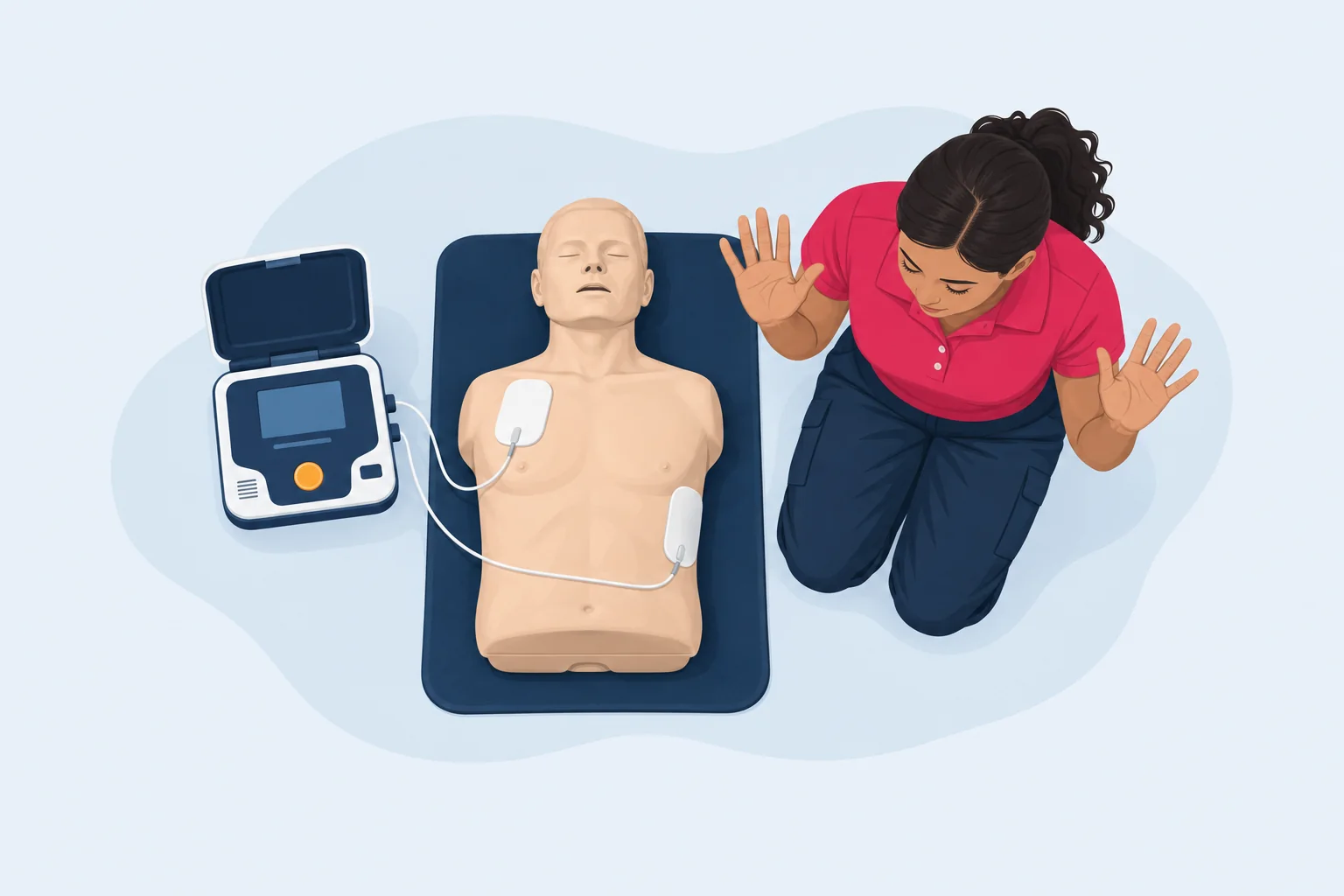 AED pads on a training manikin's chest, below the right collarbone and on the left side, with the rescuer's hands clear