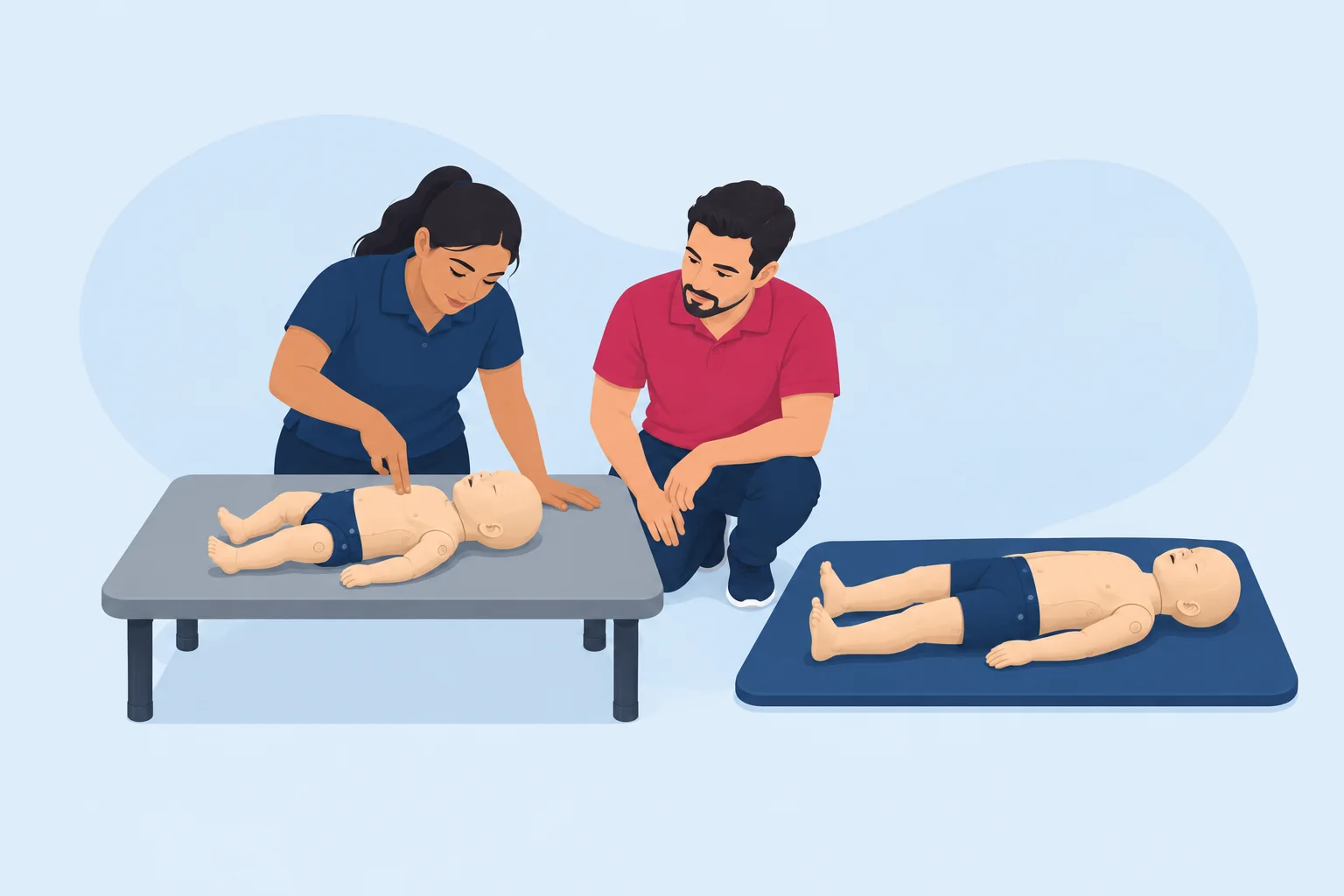 Trainer doing two-finger chest compressions on an infant manikin on a table, with a child manikin on a floor mat