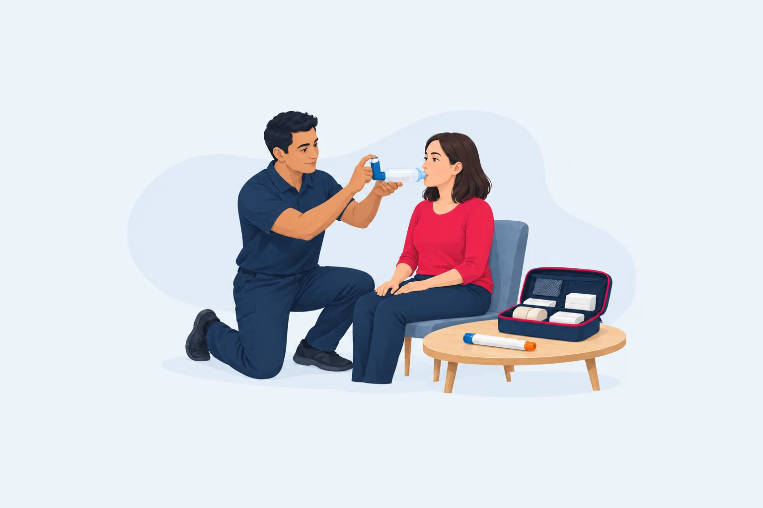 First aider kneeling to give a seated woman a reliever puffer through a spacer, with an autoinjector and first aid kit