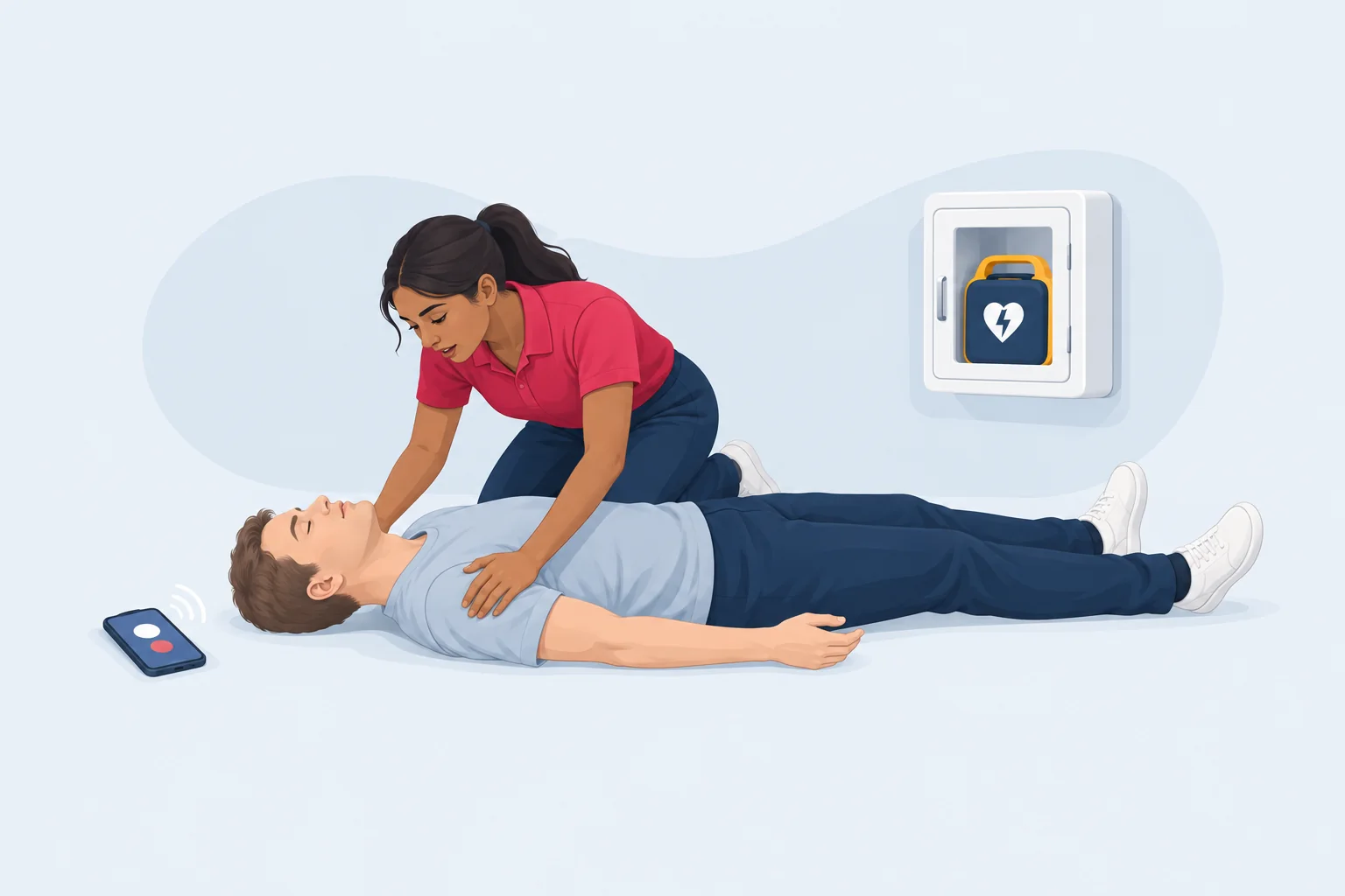 First aider kneeling beside a man on the floor to check for a response, with a phone on speaker and an AED on the wall