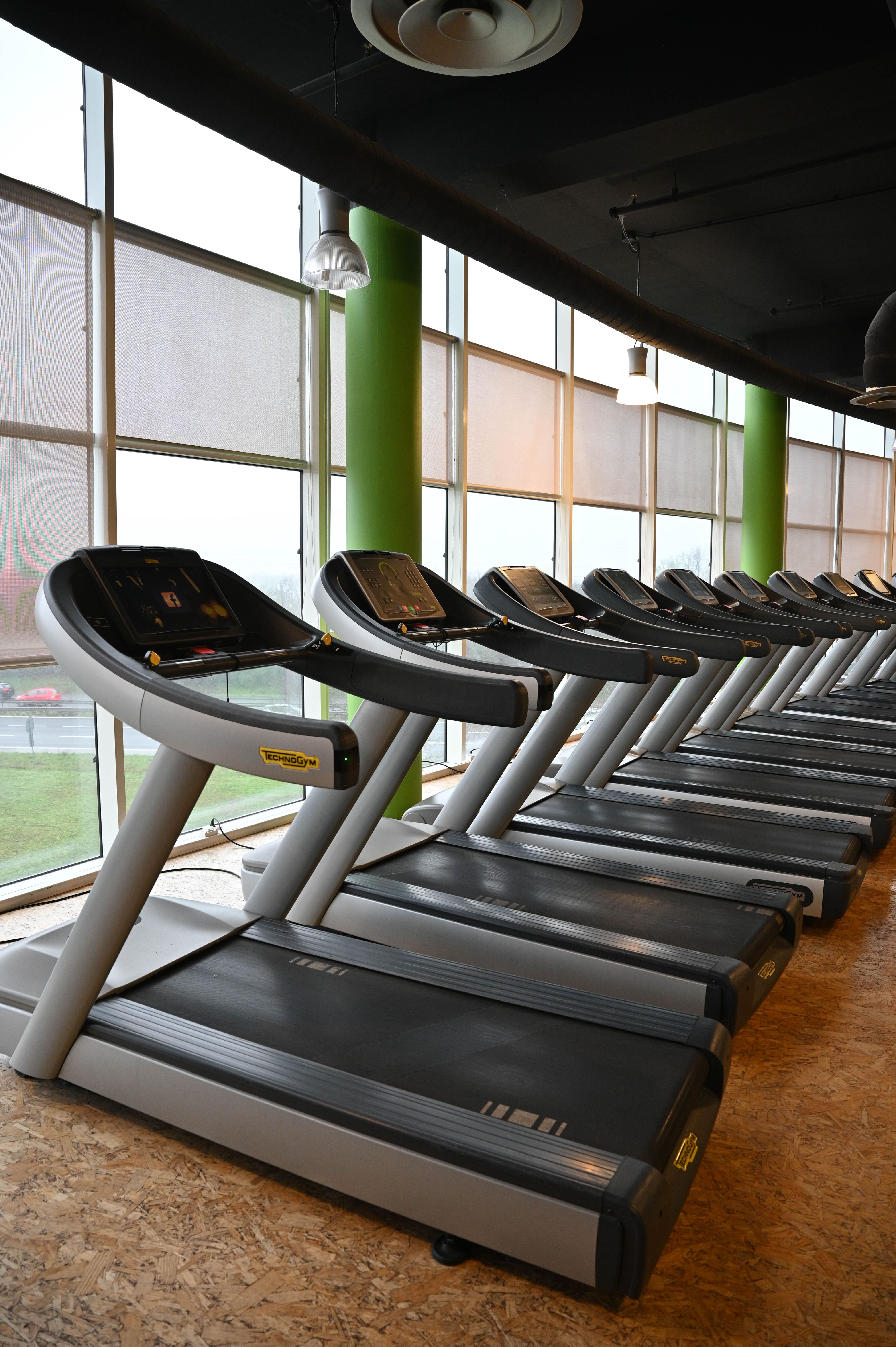 Espace cardio : rangée de tapis de course face aux baies vitrées