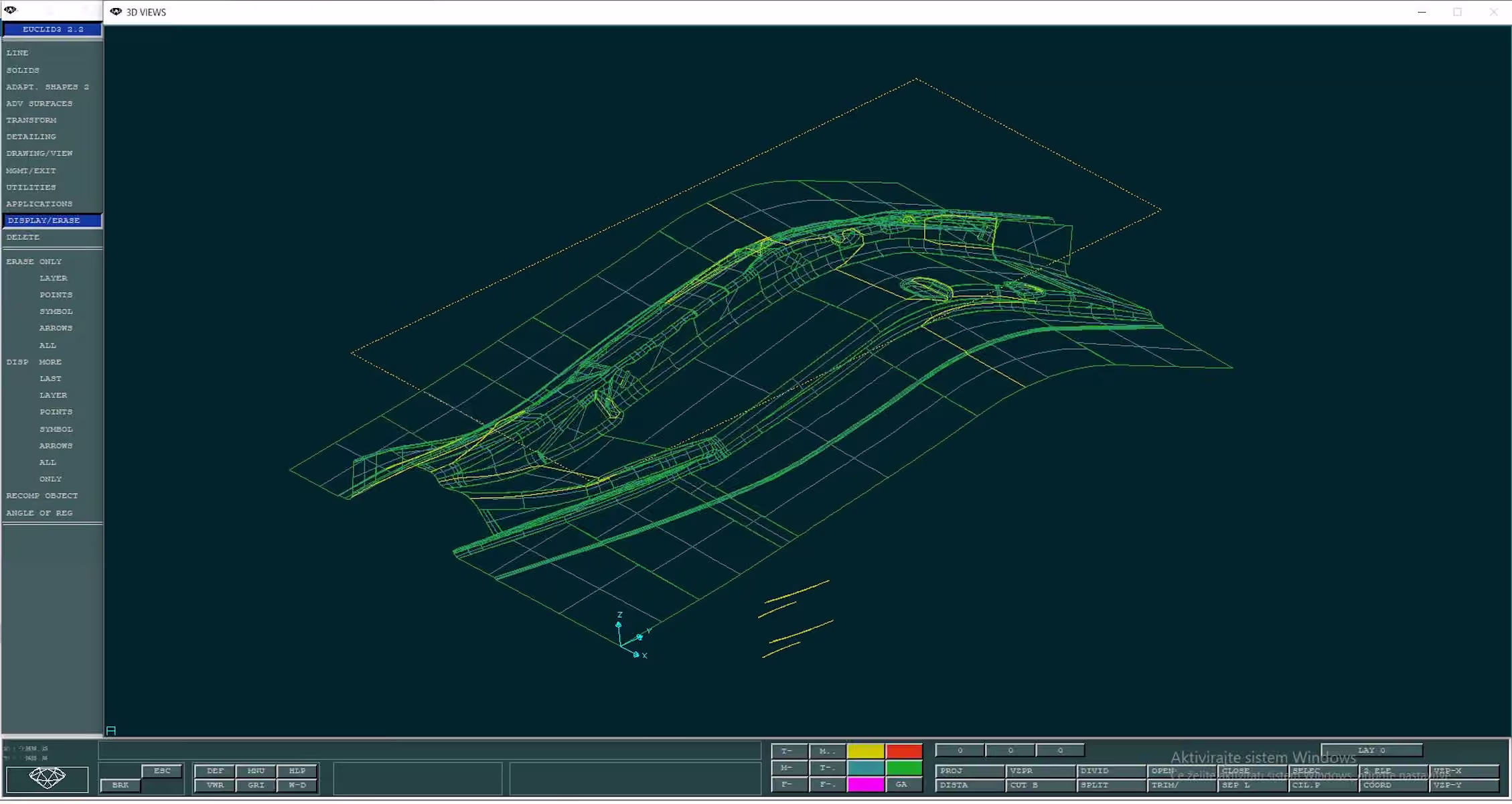 Euclid3 CAD screen showing a green wireframe surface model of a curved panel on a dark background, with the command menu at the left.