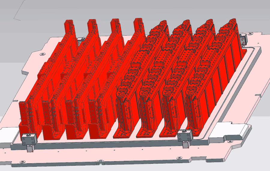 3D model of an EPS foam forming tool with rows of mould segments