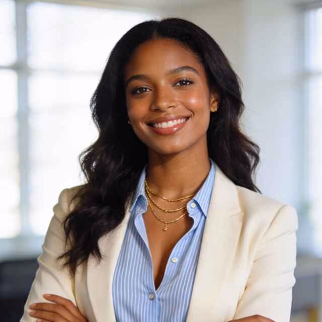 Smiling confident professional woman with long wavy hair wearing a cream blazer, blue striped shirt, and layered gold necklaces, standing with arms crossed in a bright office.