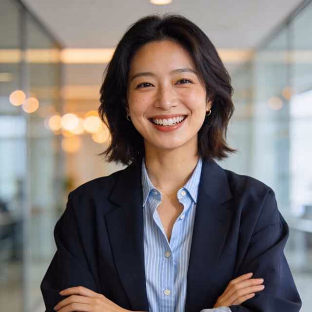 Smiling professional woman with shoulder-length dark hair wearing a navy blazer over a blue striped button-up shirt, standing with arms crossed in a modern office with glass walls and soft lighting.
