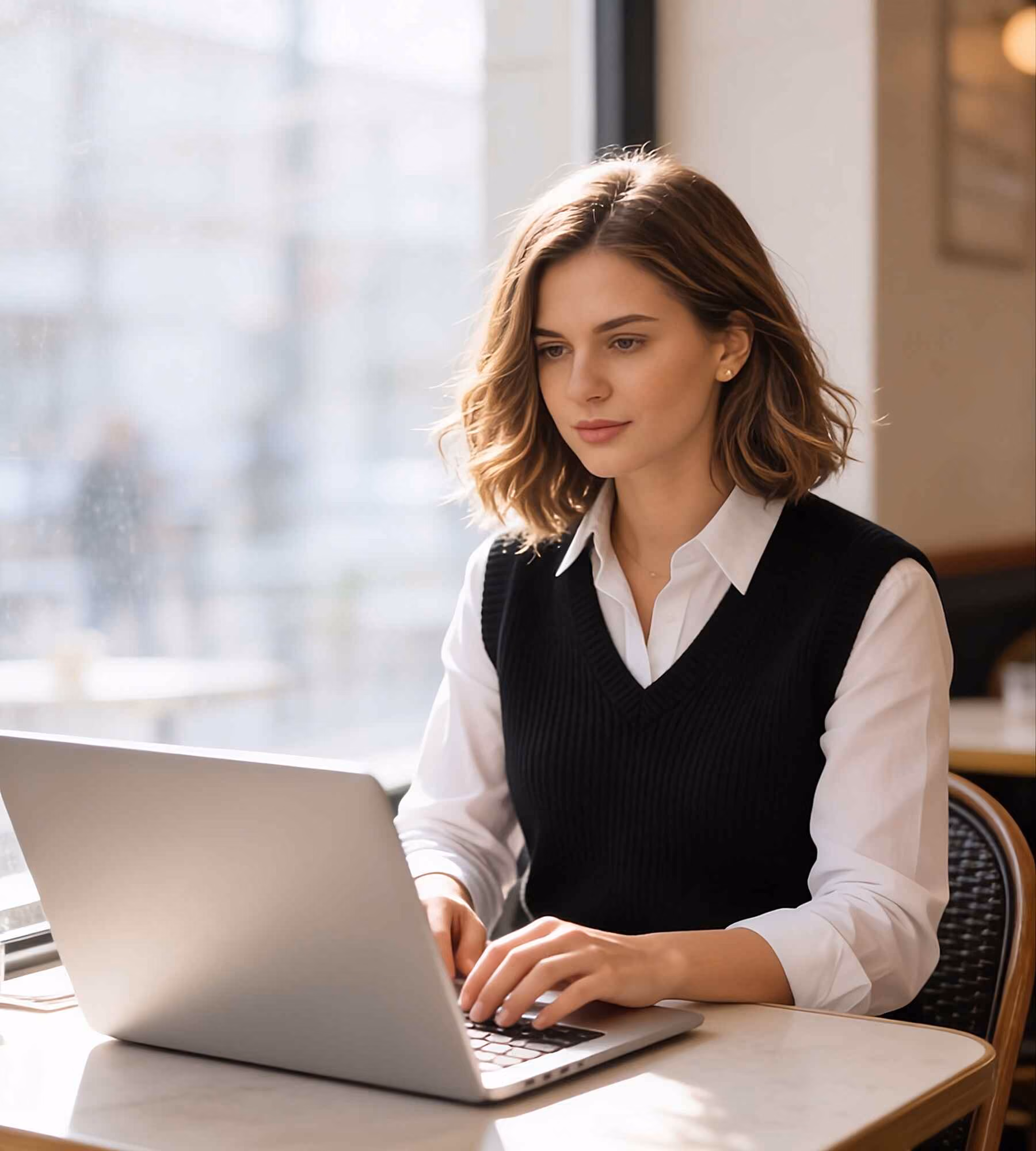 Young woman with shoulder-length brown hair wearing a white shirt and black sleeveless sweater vest, typing on a laptop at a table by a large window in a bright indoor space.