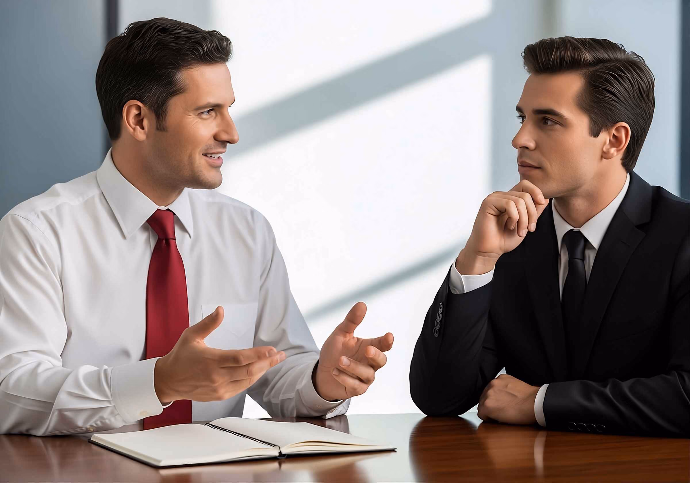 Two men in business attire sitting across from each other at a wooden table engaged in a conversation, with one man speaking and using hand gestures while the other listens attentively with his chin resting on his hand.