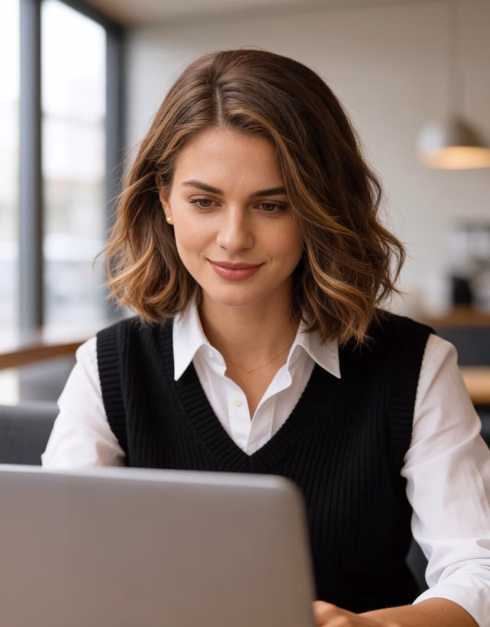 Young woman with shoulder-length brown hair wearing a white shirt and black vest, smiling slightly while looking at a laptop screen in a bright indoor setting.