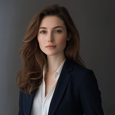Professional portrait of a woman with long wavy brown hair wearing a white blouse and dark blazer, looking directly at the camera against a plain dark background.