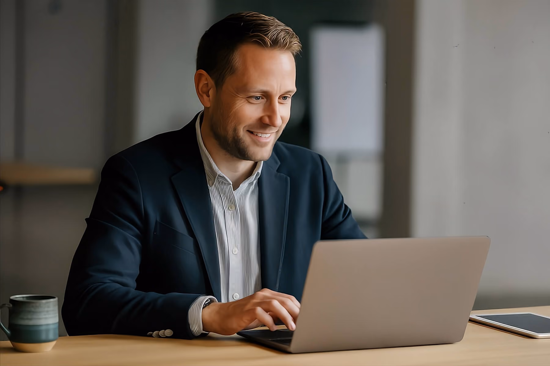 Smiling man in a dark blazer and light striped shirt sitting at a wooden desk, typing on a laptop with a coffee mug and tablet nearby in a softly lit office space.