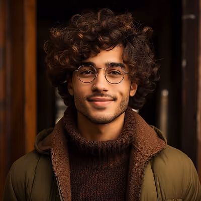 Portrait of a young man with curly brown hair, wearing round glasses, a green jacket, and a brown turtleneck sweater, smiling softly against a dark blurred background.