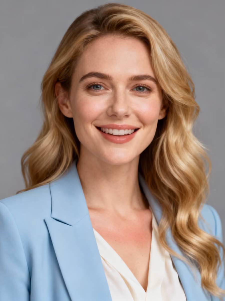Smiling woman with long blonde wavy hair wearing a light blue blazer and white top against a gray background.