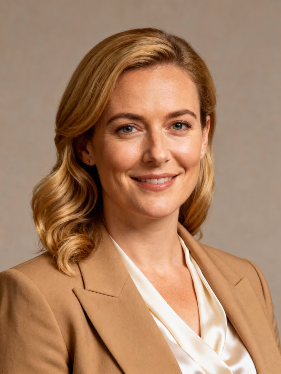 Smiling woman with blonde wavy hair wearing a beige blazer and white blouse against a neutral background.