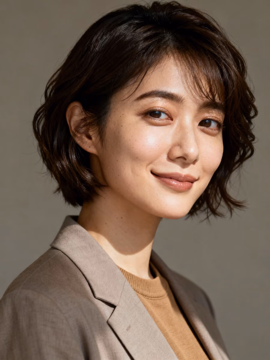 Close-up of a smiling woman with short wavy dark hair wearing a beige blazer over a brown top against a neutral background.