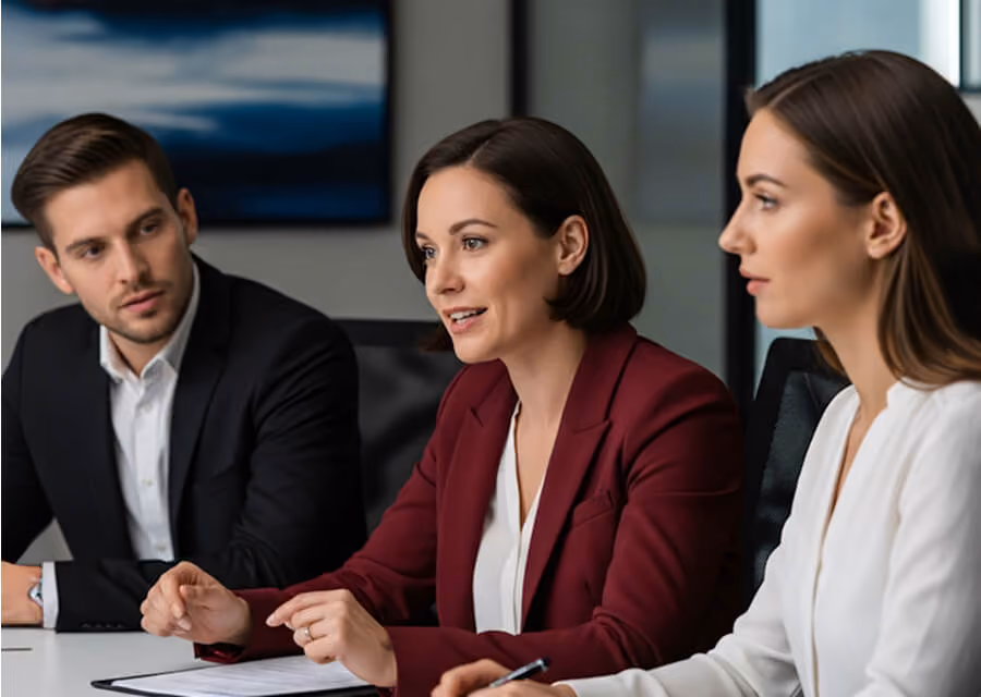 Three business professionals sitting at a table in an office, engaged in a discussion, with the woman in the center speaking.