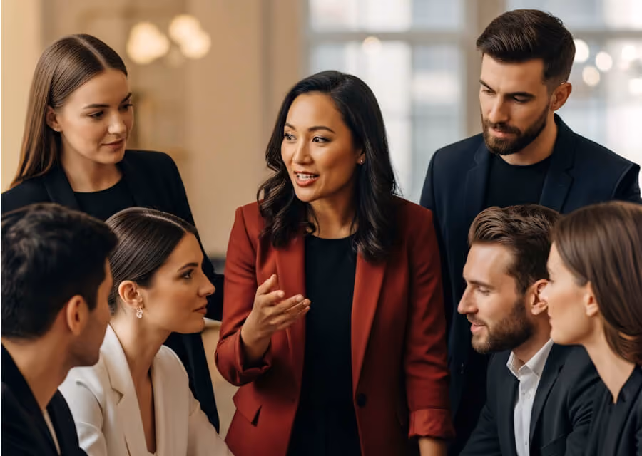 A woman in a red blazer speaking animatedly to a group of six attentive colleagues in business attire during a meeting in a softly lit office.