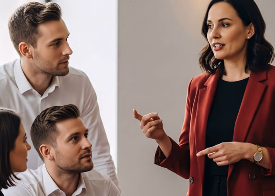 A woman in a red blazer is speaking and gesturing with her hands while three attentive colleagues listen to her during a meeting.